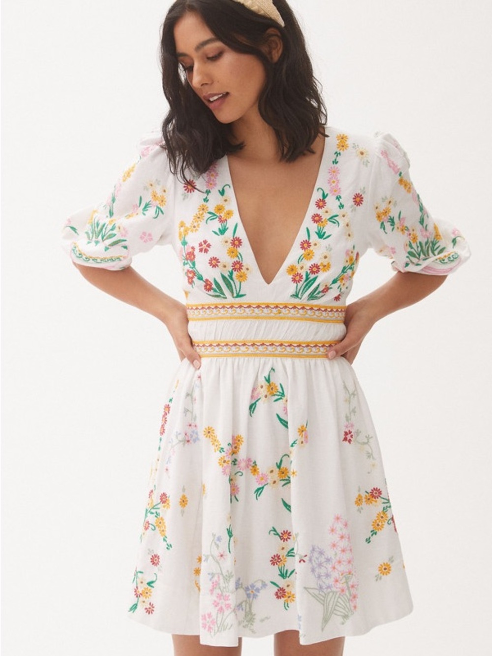 Anthropologie White Floral Embroidered Midi Dress